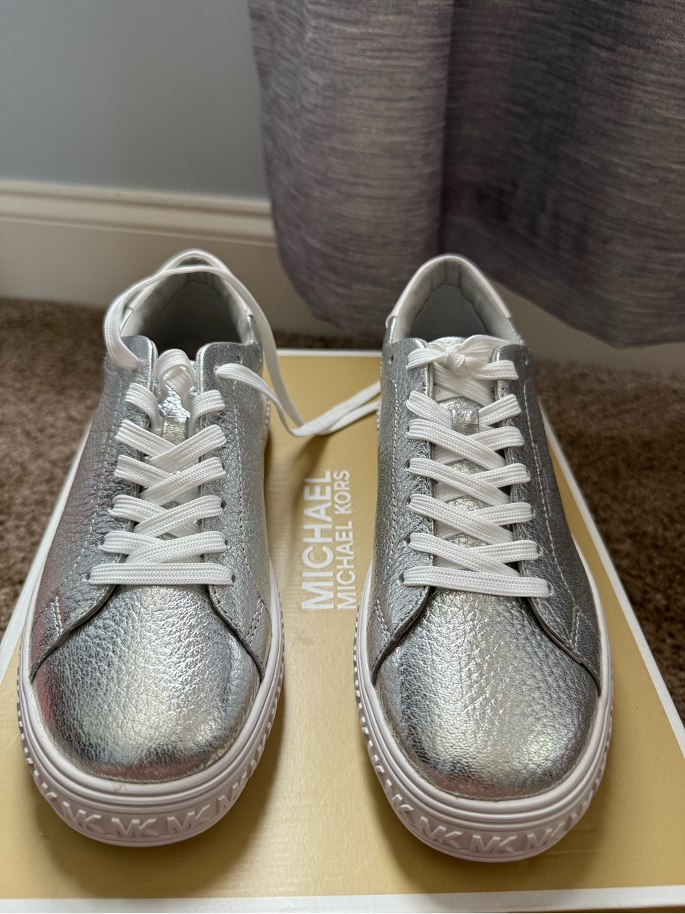 Michael Kors Metallic Silver Leather Sneakers with White Laces. New, never wore!